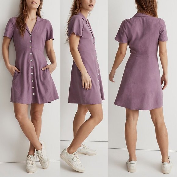 MADEWELL Kacie Mini Shirtdress Linen Button Front Antique Purple Retro $118 - Picture 3 of 10